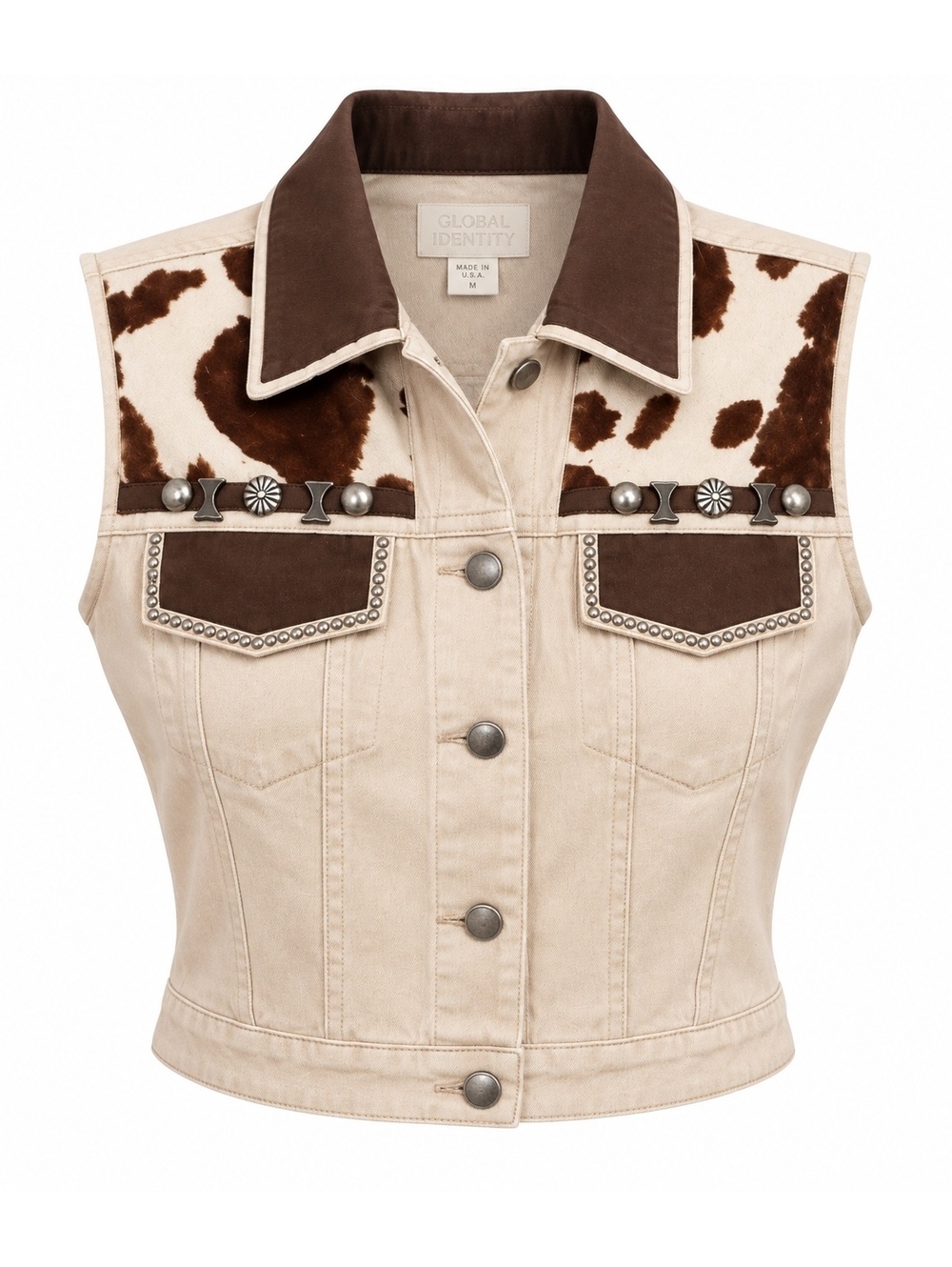 Vintage Cache Western-Inspired Cow Print Denim Vest